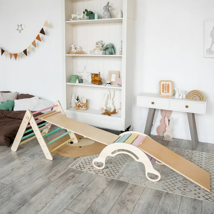 XXL set Pikler driehoek, 2x glijplank, schommelboog - verschillende kleuren