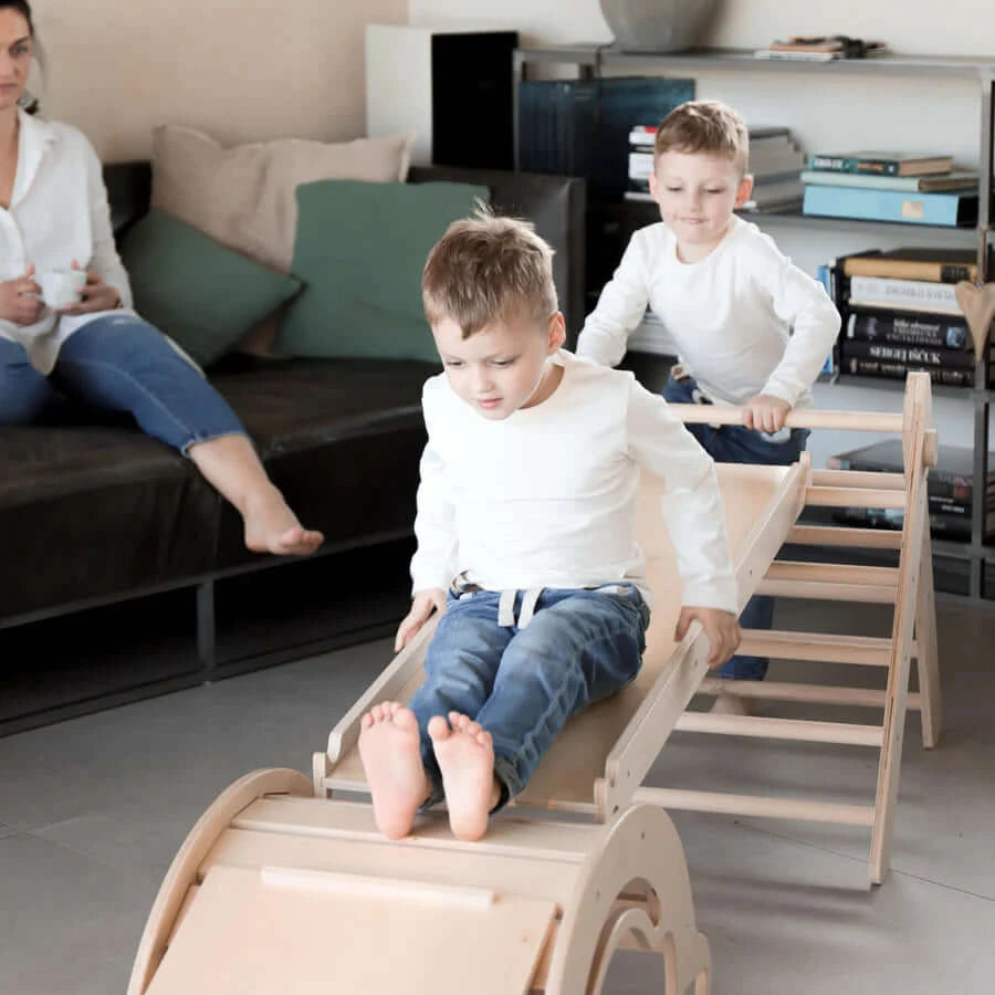 XXL set Pikler driehoek, 2x schuifplank, draaiboog - onbehandeld hout
