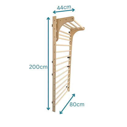 Kletterwand für Kinder aus Holz mit Abmessungen: 200cm hoch, 80cm tief und 44cm breit, ideal für sicheres Klettern.