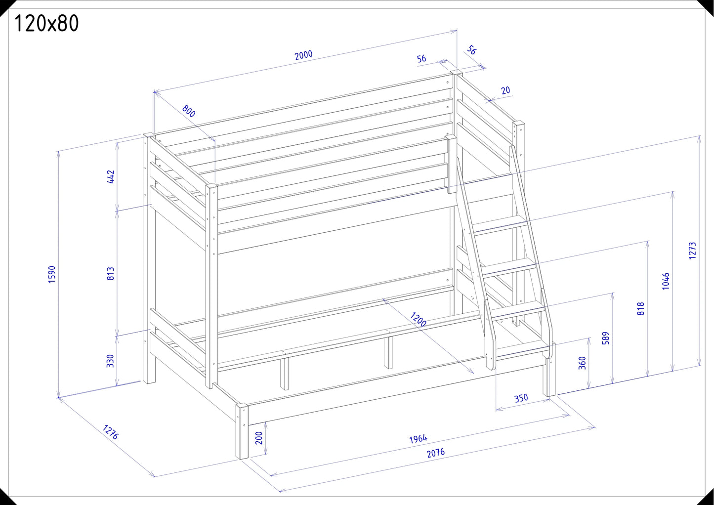 Houten stapelbed HANNES voor 3 personen, 80x200 cm & 120x200 cm, versch. kleuren