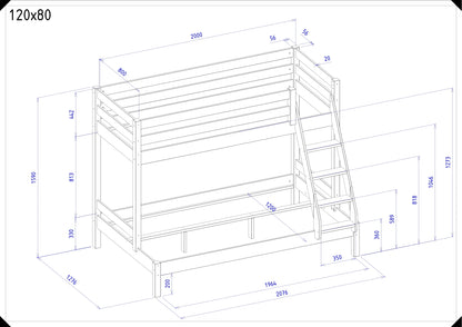 Houten stapelbed HANNES voor 3 personen, 80x200 cm & 120x200 cm, versch. kleuren