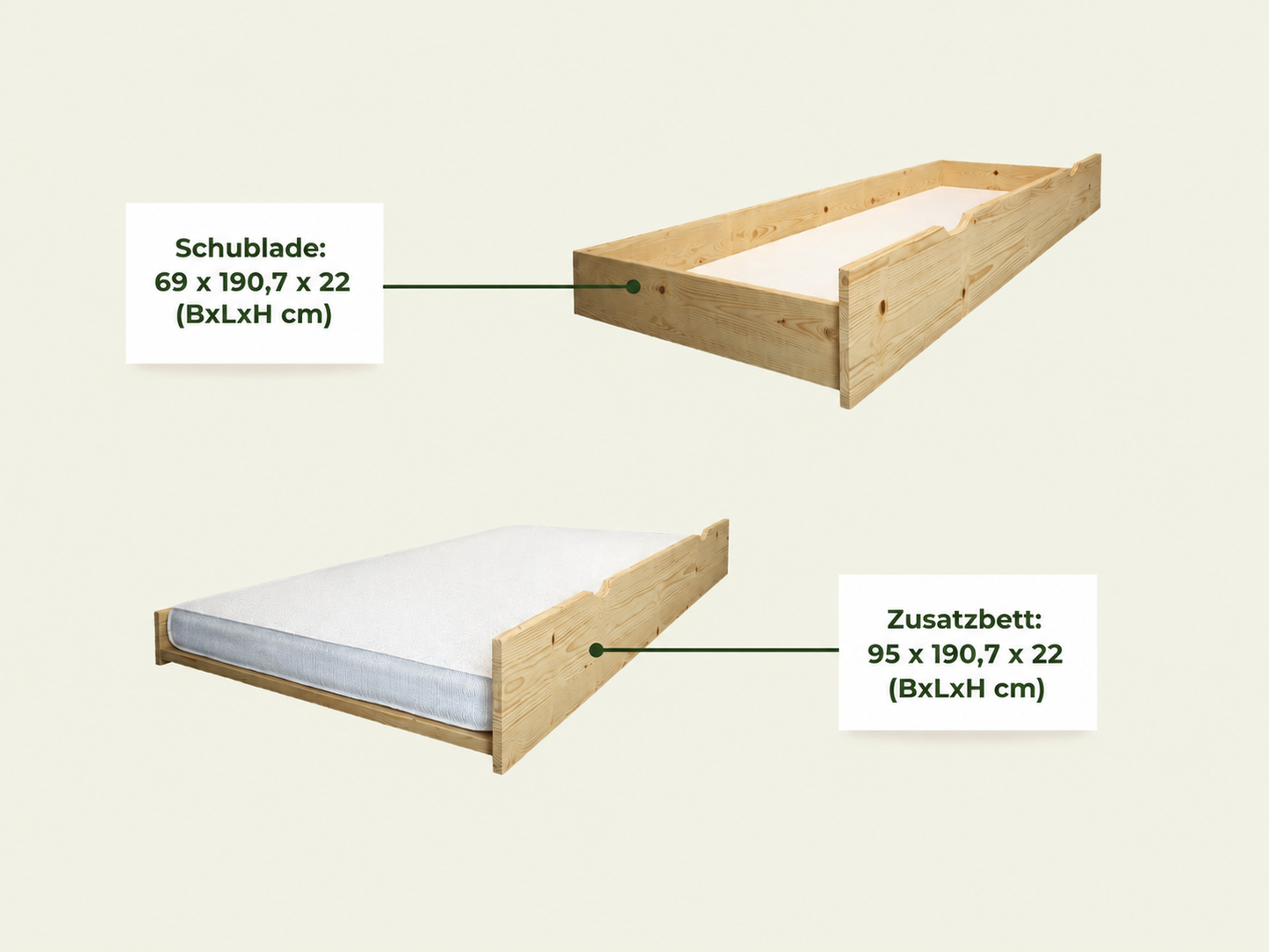 Houten stapelbed HANNES voor 3 personen, 90x200 cm & 140x200 cm, diverse kleuren