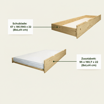 Houten stapelbed HANNES voor 3 personen, 80x200 cm & 120x200 cm, versch. kleuren