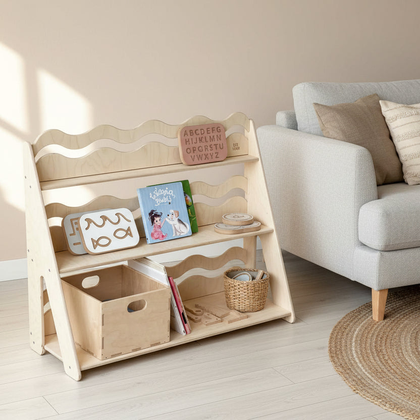 Spielzeugregal "WAVE" aus Holz, versch. Größen mit Bücher und Spielzeug in einem hellen Raum.