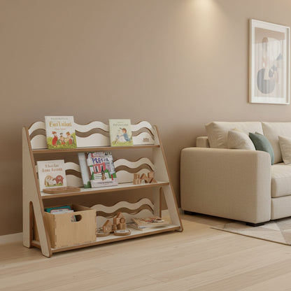 Spielzeugregal "WAVE" aus Holz, versch. Größen mit Wellenlinien für Spielzeug und Bücher.