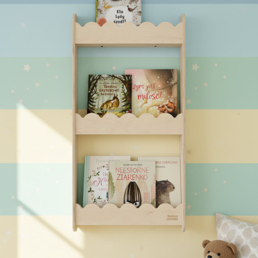Wandregal für Bücher "Welle", versch. Größen und Farben mit bunten Kinderbuchcovern.