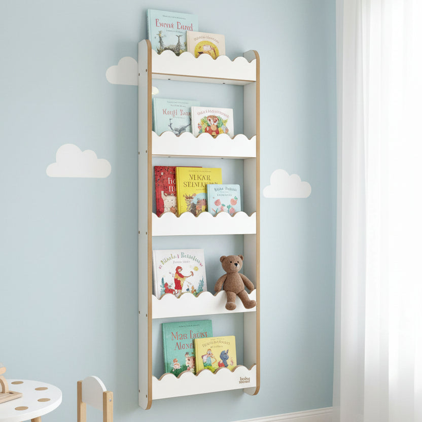 Wandregal für Bücher "Welle", versch. Größen und Farben, ideal für Kinderzimmer mit bunten Büchern.