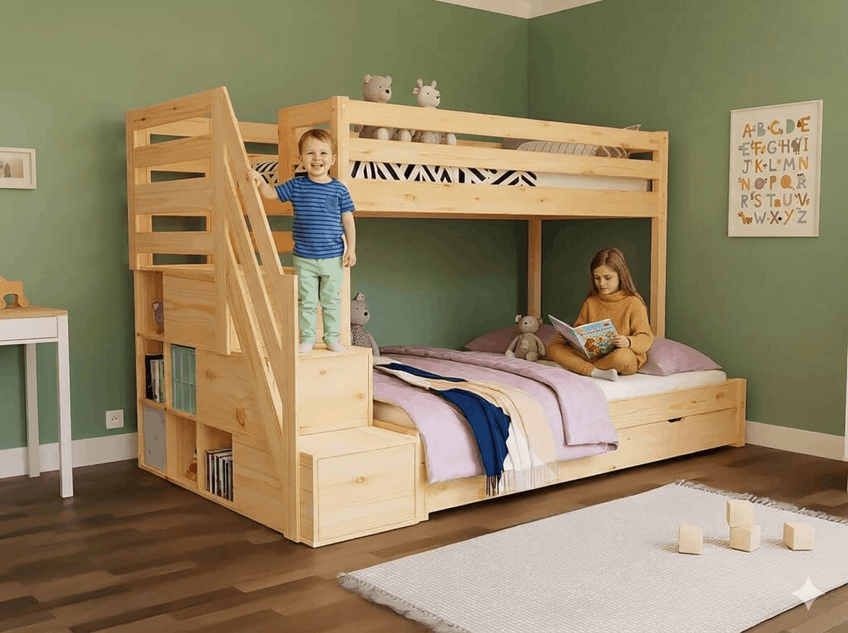 Houten stapelbed HANNES voor 3 personen met opstapplank, diverse kleuren