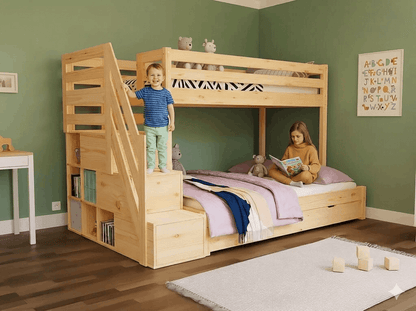 Houten stapelbed HANNES voor 3 personen met trappenrek, 90x200 cm & 140x200 cm, diverse kleuren