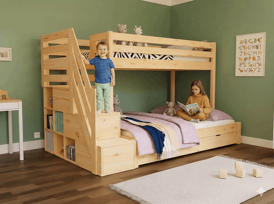 Houten stapelbed HANNES voor 3 personen met trappenrek, 90x200 cm & 140x200 cm, diverse kleuren