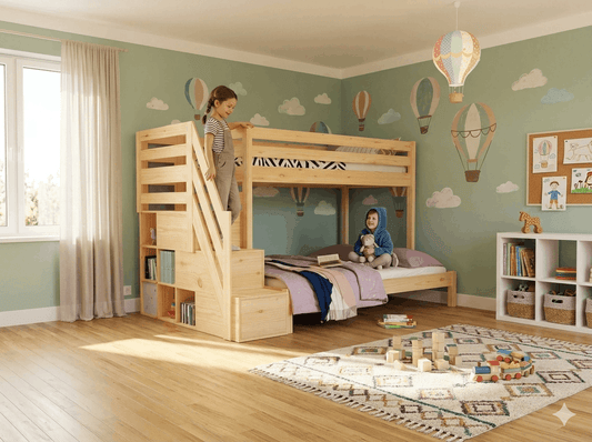 Houten stapelbed HANNES voor 3 personen met trappenrek, 90x200 cm & 140x200 cm, diverse kleuren