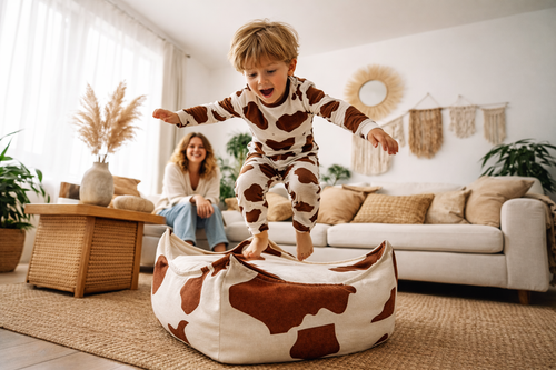 Quadratischer Sitzsack Kuh für Kinder im Kinderzimmer