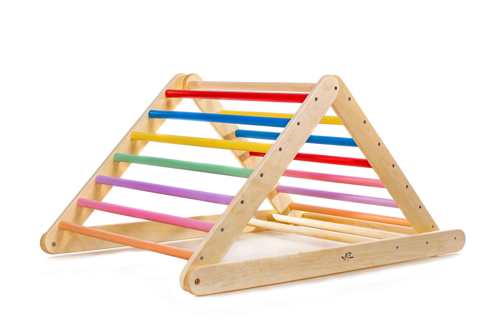 Kletterdreieck verstellbar für Kinder, versch. Farben in bunten Holzfarben, fördert Gleichgewicht und Kletterfähigkeiten.