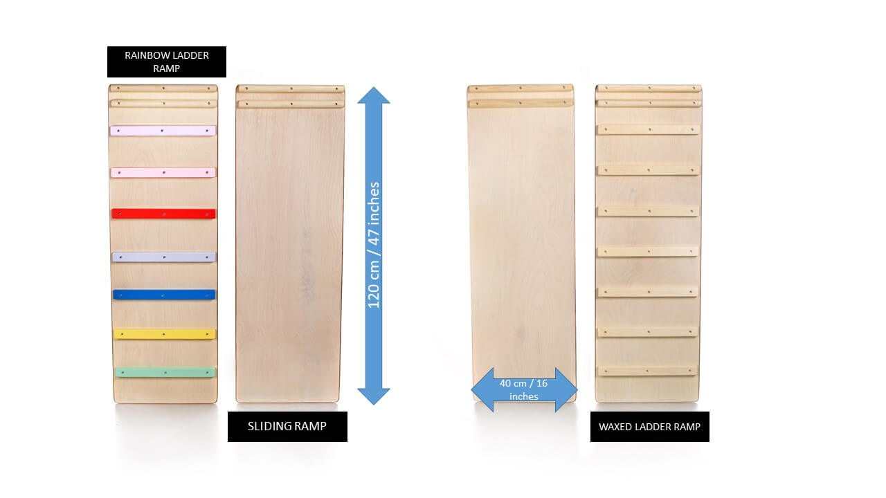 Kletterdreieck verstellbar für Kinder, versch. Farben mit Rainbow Ladder Ramp und Sliding Ramp Abbildungen.