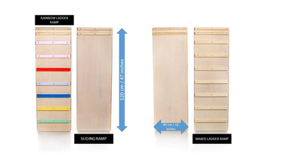 Kletterdreieck verstellbar für Kinder, versch. Farben mit Rainbow Ladder Ramp und Sliding Ramp Abbildungen.